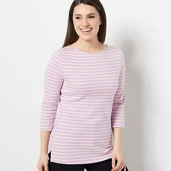 Isaac Mizrahi Tops - Isaac Mizrahi Live! Top Medium Essential Yarn Dye Stripe 3/4 Sleeve Purple Lilac